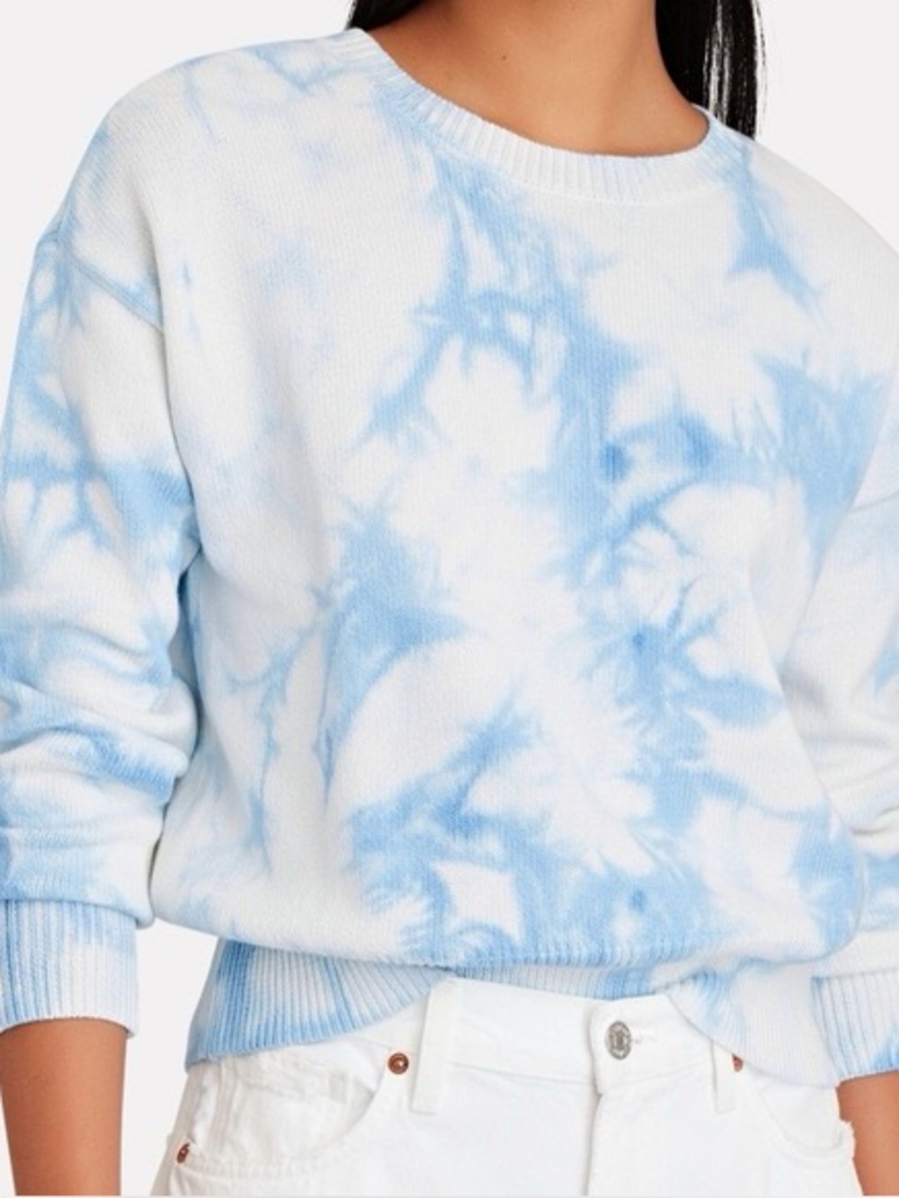 INTERMIX Celine Blue and White Tie-Dye Crewneck Sweater